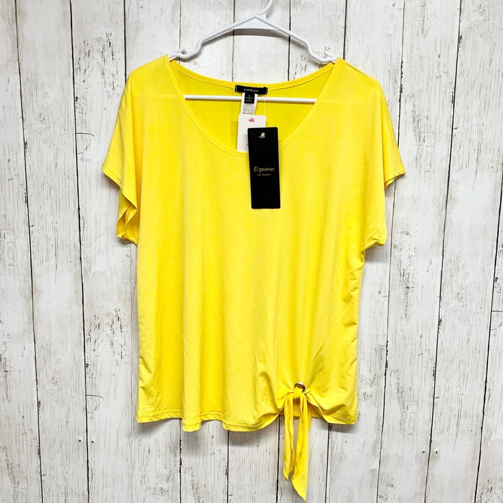 Espresso Side Tie Knot Hem Top Women L Yellow Short Sleeve Scoop Neck MIT16130